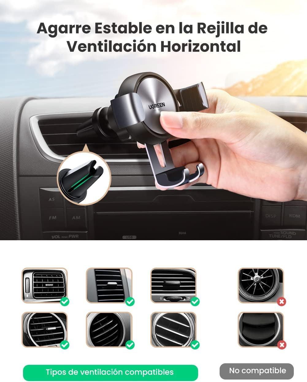UGREEN Soporte Móvil Coche Rejilla, Suporte Telemovel Carro Gravedad Compatible Con Iphone 16 15 14 13 Pro MAX, Redmi Xiaomi, Galaxy S24 S23 S22 Etc.
