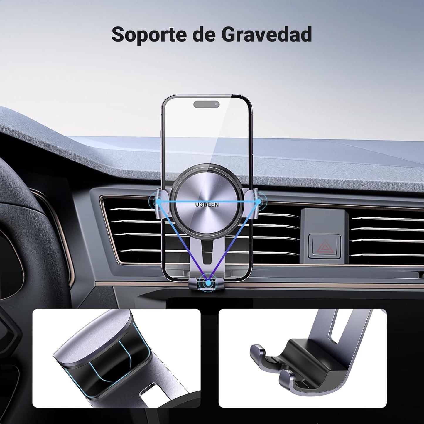 UGREEN Soporte Móvil Coche Rejilla, Suporte Telemovel Carro Gravedad Compatible Con Iphone 16 15 14 13 Pro MAX, Redmi Xiaomi, Galaxy S24 S23 S22 Etc.