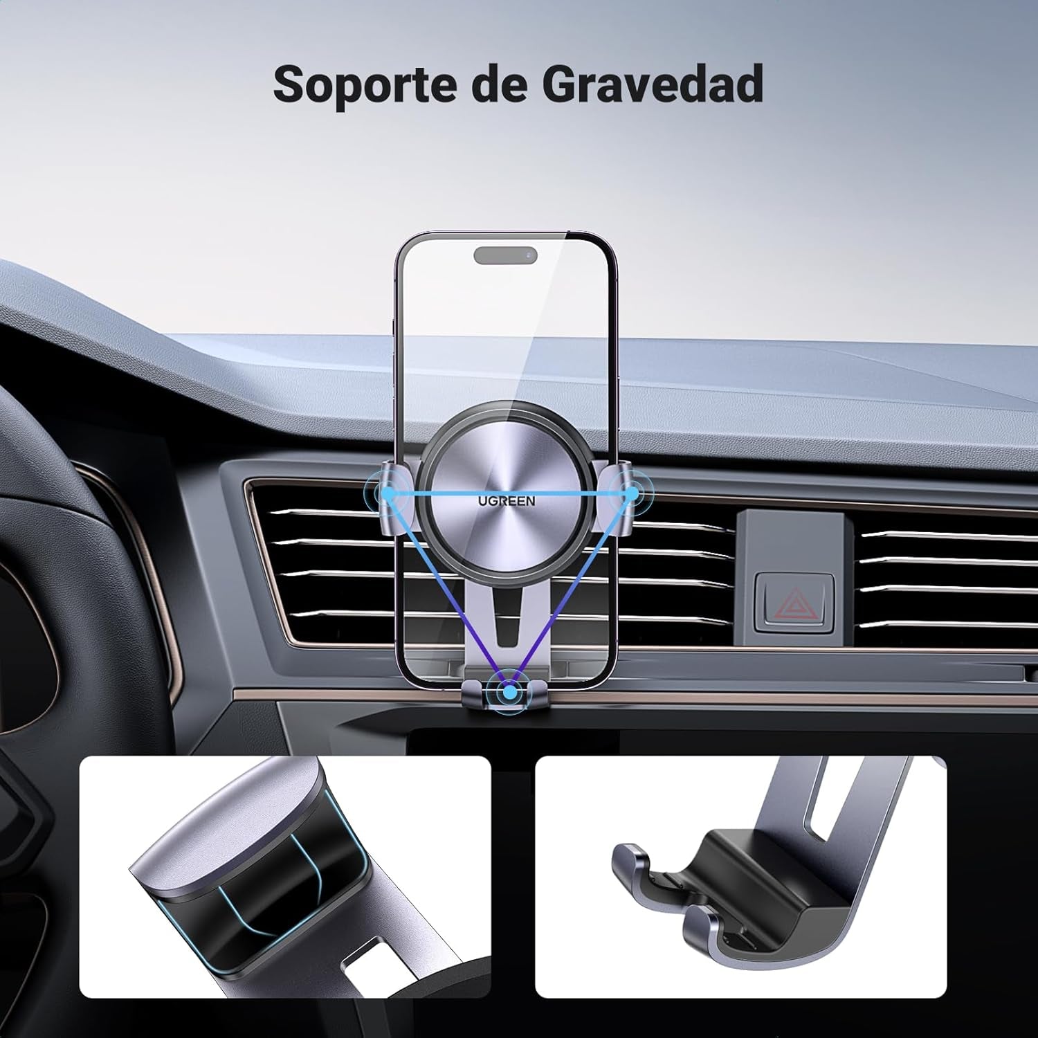 UGREEN Soporte Móvil Coche Rejilla, Suporte Telemovel Carro Gravedad Compatible Con Iphone 16 15 14 13 Pro MAX, Redmi Xiaomi, Galaxy S24 S23 S22 Etc.
