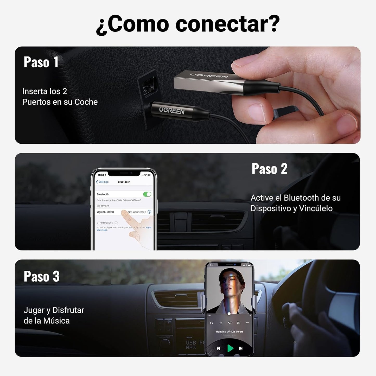 UGREEN Receptor Bluetooth 6.0 Adaptador Jack 3.5Mm Aux Auxiliar Conector Audio Coche Manos Libres, Gris Oscuro
