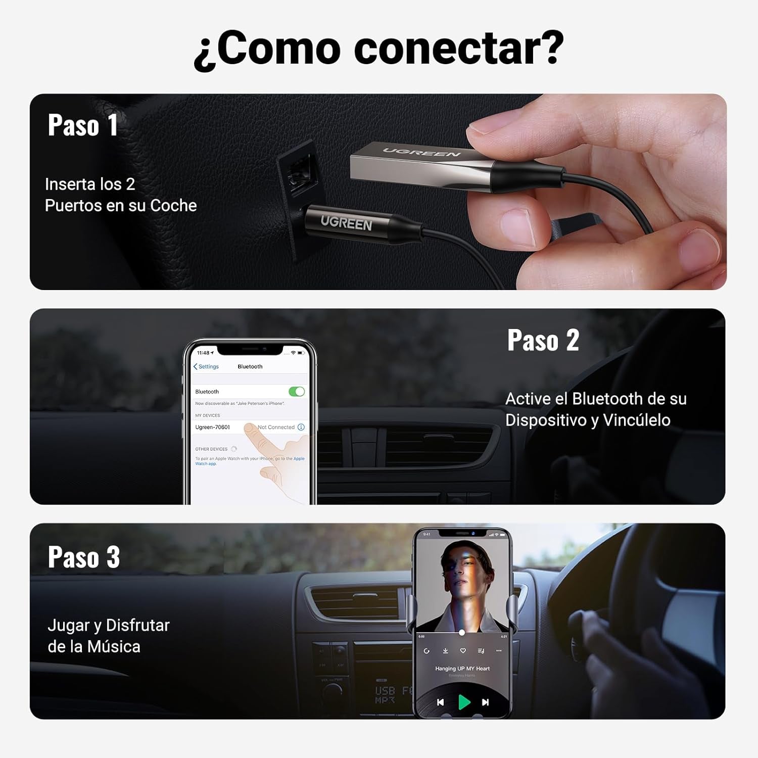 UGREEN Receptor Bluetooth 6.0 Adaptador Jack 3.5Mm Aux Auxiliar Conector Audio Coche Manos Libres, Gris Oscuro